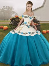 Embroidery Quinceanera Dresses Blue And White Lace Up Sleeveless Floor Length