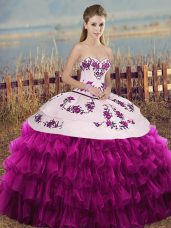 Clearance Floor Length Lace Up Quinceanera Dresses Fuchsia for Military Ball and Sweet 16 and Quinceanera with Embroidery and Ruffled Layers and Bowknot
