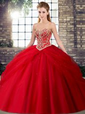 Adorable Red Tulle Lace Up Quince Ball Gowns Sleeveless Brush Train Beading and Pick Ups