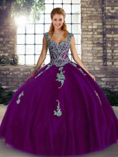Purple Straps Neckline Beading and Appliques 15 Quinceanera Dress Sleeveless Lace Up