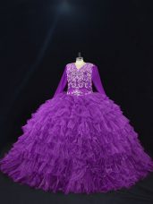 High Class Organza V-neck Long Sleeves Lace Up Beading and Ruffled Layers Quinceanera Dress in Purple
