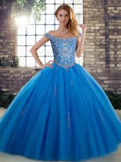 Pretty Blue Off The Shoulder Lace Up Beading Sweet 16 Dress Sleeveless