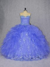 Fancy Floor Length Lace Up Quince Ball Gowns Purple for Sweet 16 and Quinceanera with Appliques and Ruffles