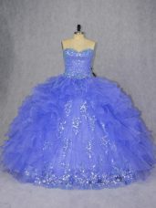Fancy Floor Length Lace Up Quince Ball Gowns Purple for Sweet 16 and Quinceanera with Appliques and Ruffles