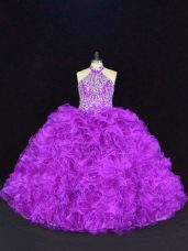 Extravagant Purple Organza Lace Up Ball Gown Prom Dress Sleeveless Floor Length Beading and Ruffles