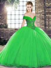 Green Ball Gowns Off The Shoulder Sleeveless Organza Brush Train Lace Up Beading Quinceanera Dress