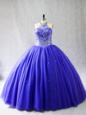 Noble Blue Halter Top Lace Up Beading Quinceanera Gowns Brush Train Sleeveless