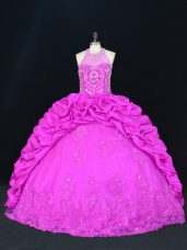 Fuchsia Ball Gowns Halter Top Sleeveless Taffeta Floor Length Lace Up Beading and Appliques and Pick Ups Ball Gown Prom Dress