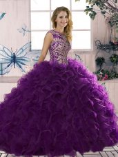 Floor Length Lace Up Vestidos de Quinceanera Purple for Military Ball and Sweet 16 and Quinceanera with Beading and Ruffles