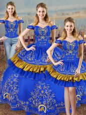 Fashion Off The Shoulder Sleeveless 15 Quinceanera Dress Embroidery Blue Satin
