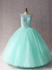 Scoop Sleeveless Tulle Quince Ball Gowns Beading Lace Up
