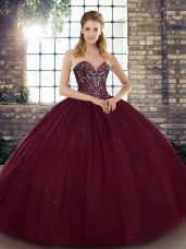 Floor Length Lace Up Sweet 16 Quinceanera Dress Burgundy for Military Ball and Sweet 16 and Quinceanera with Beading