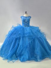 Beading and Ruffles Sweet 16 Quinceanera Dress Blue Lace Up Sleeveless Brush Train