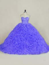 Purple Ball Gowns Sweetheart Sleeveless Organza and Fabric With Rolling Flowers Brush Train Lace Up Beading and Ruffles 15th Birthday Dress