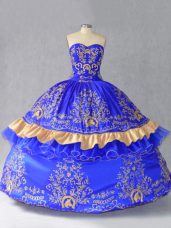 Royal Blue Sweetheart Lace Up Embroidery and Bowknot Ball Gown Prom Dress Sleeveless