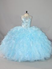 Superior Blue Organza Lace Up Scalloped Sleeveless Floor Length 15 Quinceanera Dress Beading and Ruffles