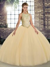 Custom Fit Gold Lace Up Scoop Embroidery Sweet 16 Quinceanera Dress Tulle Sleeveless