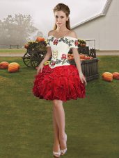 Red Off The Shoulder Neckline Embroidery and Ruffles Club Wear Sleeveless Lace Up