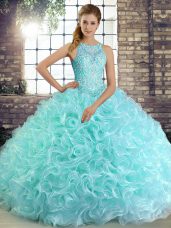 Colorful Floor Length Aqua Blue 15 Quinceanera Dress Scoop Sleeveless Lace Up