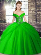 Green Ball Gowns Tulle Off The Shoulder Sleeveless Beading and Pick Ups Lace Up Vestidos de Quinceanera Brush Train