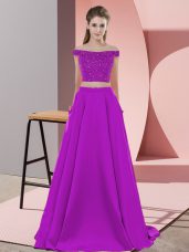 Ideal Purple Backless Prom Party Dress Beading Sleeveless Sweep Train