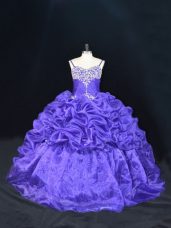 Lovely Purple Lace Up Straps Beading and Pick Ups Sweet 16 Dresses Organza Sleeveless Brush Train