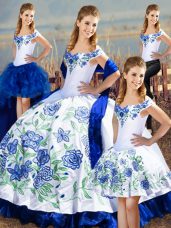 Exceptional Blue And White Lace Up Quinceanera Gowns Embroidery and Ruffles Sleeveless Floor Length