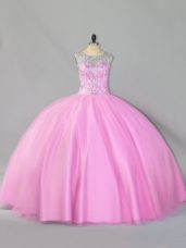 Baby Pink Tulle Zipper Sweet 16 Quinceanera Dress Sleeveless Floor Length Sequins