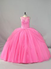 Brush Train Ball Gowns Sweet 16 Dresses Rose Pink Scoop Tulle Sleeveless Lace Up
