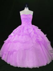 Lavender Ball Gowns Beading and Ruffles Quinceanera Dresses Lace Up Organza Sleeveless Floor Length