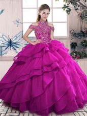 Comfortable High-neck Sleeveless 15 Quinceanera Dress Floor Length Beading and Ruffled Layers Fuchsia Organza