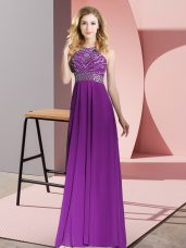 Floor Length Purple Dress for Prom Chiffon Sleeveless Beading
