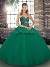 Luxurious Green Ball Gowns Tulle Sweetheart Sleeveless Beading and Appliques Floor Length Lace Up Vestidos de Quinceanera