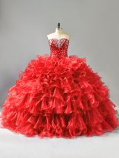 Ball Gowns Quinceanera Dresses Red Sweetheart Organza Sleeveless Floor Length Lace Up