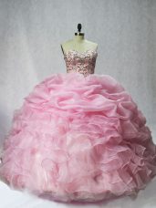 Baby Pink Organza Lace Up Sweet 16 Dress Sleeveless Floor Length Beading and Ruffles and Pick Ups