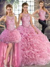 Sumptuous Rose Pink Three Pieces Scoop Sleeveless Fabric With Rolling Flowers Floor Length Lace Up Beading Quince Ball Gowns