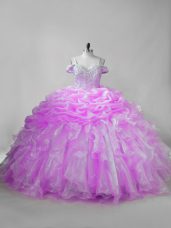 Discount Lilac Sleeveless Brush Train Beading and Ruffles and Pick Ups Quince Ball Gowns