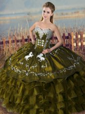 Adorable Olive Green Sweetheart Lace Up Embroidery and Ruffles Vestidos de Quinceanera Sleeveless