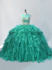 Zipper Quinceanera Gown Turquoise for Sweet 16 and Quinceanera with Beading and Ruffles Brush Train