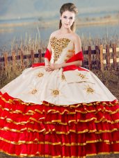 Popular White And Red Sweetheart Neckline Beading and Ruffled Layers 15 Quinceanera Dress Sleeveless Lace Up