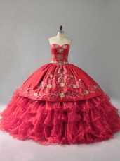 Decent Red Organza Lace Up Sweetheart Sleeveless Floor Length Vestidos de Quinceanera Embroidery and Ruffles