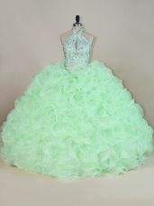 Luxury Apple Green Fabric With Rolling Flowers Lace Up Ball Gown Prom Dress Sleeveless Beading and Ruffles