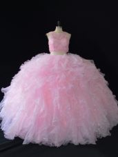Sleeveless Organza Floor Length Zipper Sweet 16 Dress in Baby Pink with Beading