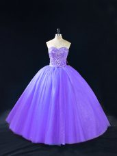 Dramatic Lavender Tulle Lace Up Sweetheart Sleeveless Floor Length Quinceanera Dresses Beading