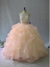 Peach Two Pieces Halter Top Sleeveless Organza Backless Beading and Ruffles Ball Gown Prom Dress