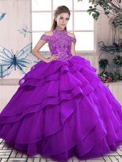 Shining Sleeveless Floor Length Beading and Ruffles Lace Up Vestidos de Quinceanera with Purple