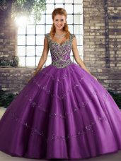 Tulle Sleeveless Floor Length 15 Quinceanera Dress and Beading and Appliques