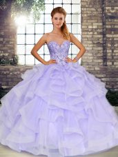 Extravagant Beading and Ruffles Vestidos de Quinceanera Lavender Lace Up Sleeveless Floor Length