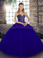 Blue Tulle Lace Up Sweetheart Sleeveless Floor Length Quince Ball Gowns Beading and Appliques