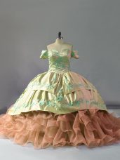 Noble Organza Off The Shoulder Sleeveless Chapel Train Lace Up Embroidery and Ruffles Quinceanera Gowns in Multi-color